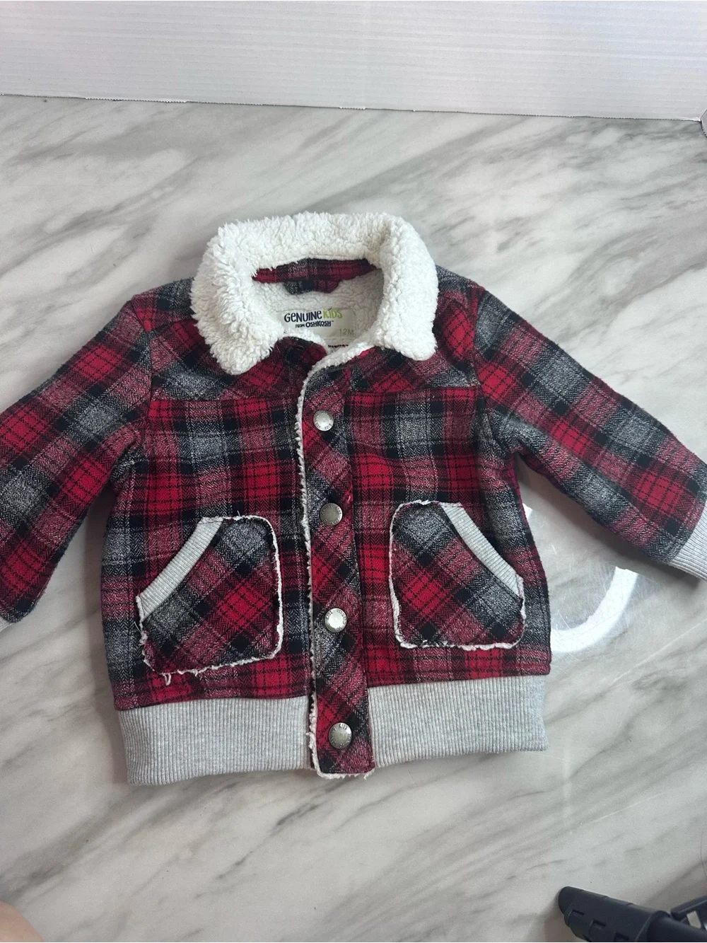 OshKosh B'gosh Red and Gray Plaid Sherpa Collar Jacket
